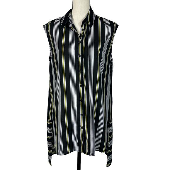 Worthington Medium Tunic Top Striped Semi-Sheer Hi-Low Hem Sleeveless Button-Up - Picture 1 of 7
